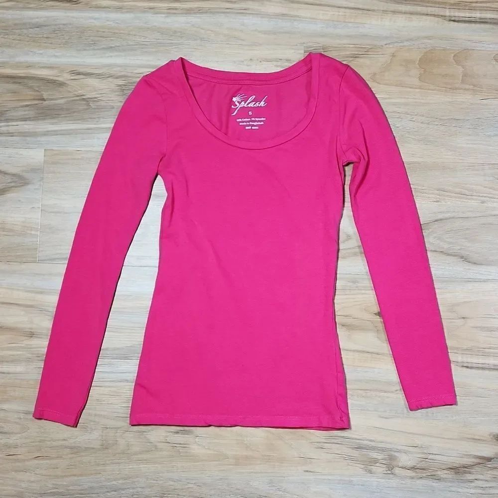 🔹️Splash Hot Pink Stretchy Scoop Neck Long Sleeve Top Small